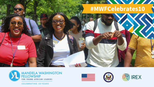 Banner that reads #MWFcelebrates10 with a photo of MWF alum smiling and walking towards the camera.